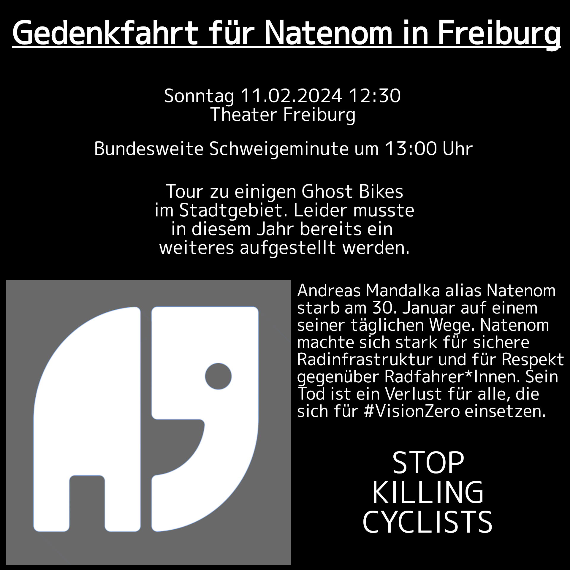 Flyer Gedenkfahrt für Natenom in Freiburg, So 11.2.2024 ab 12:30 am Theater Freiburg