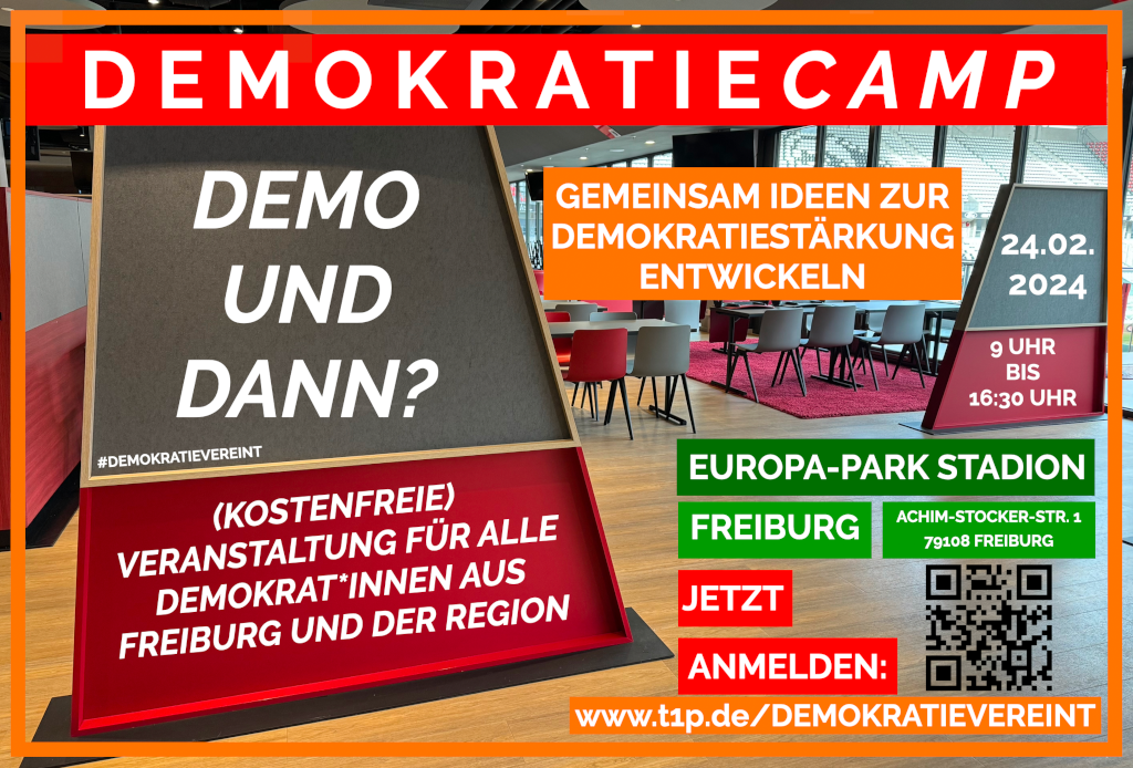 Flyer Demokratiecamp 24.2.2024 von 9-16:30h am Europa-Park Stadion 