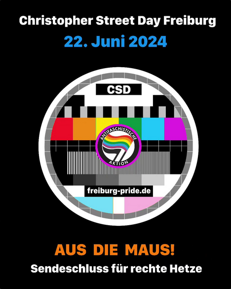 CSD Sticker Werbung 2024 mit Regenbogenfahne in der Mitte und außenrum ein Regenbogenfarben/Transfarben angepasstes Testbild wie es früher bei der Fernsehübertragung verwendet wurde.
Motto Aus die Maus, Sendeschluss für rechte Hetze