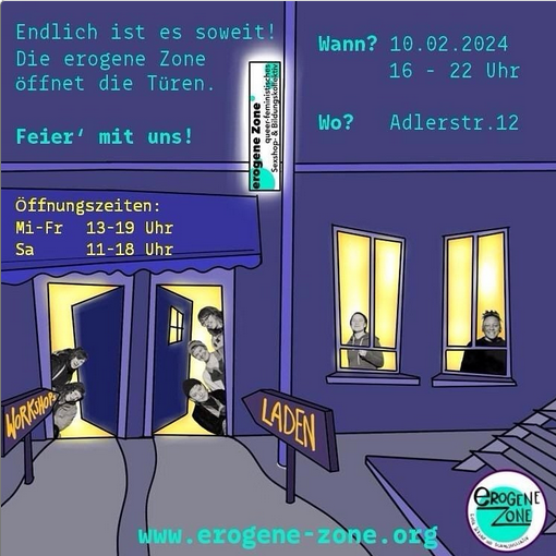 Flyer erogeneZone - feministischer Sexshop und Bildungskolletktiv zur Eröffnung auf dem Grether Gelände, 10.2.24 ab 16h