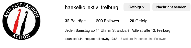 Screenshot instagram Häkelkollektiv mit Antifa ähnlichem Logo/Sticker
Anti Fast-Fashion Action und einer roten und schwarzen Häkelnadel (statt Fahne) in der Mitte